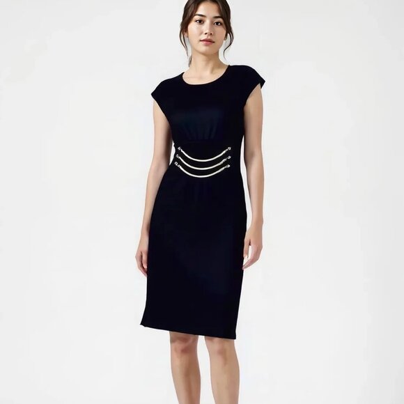 Calvin Klein Black Structured Gold Chain Minimalist Sheath Fit Flare Dress 8 M - Picture 1 of 4